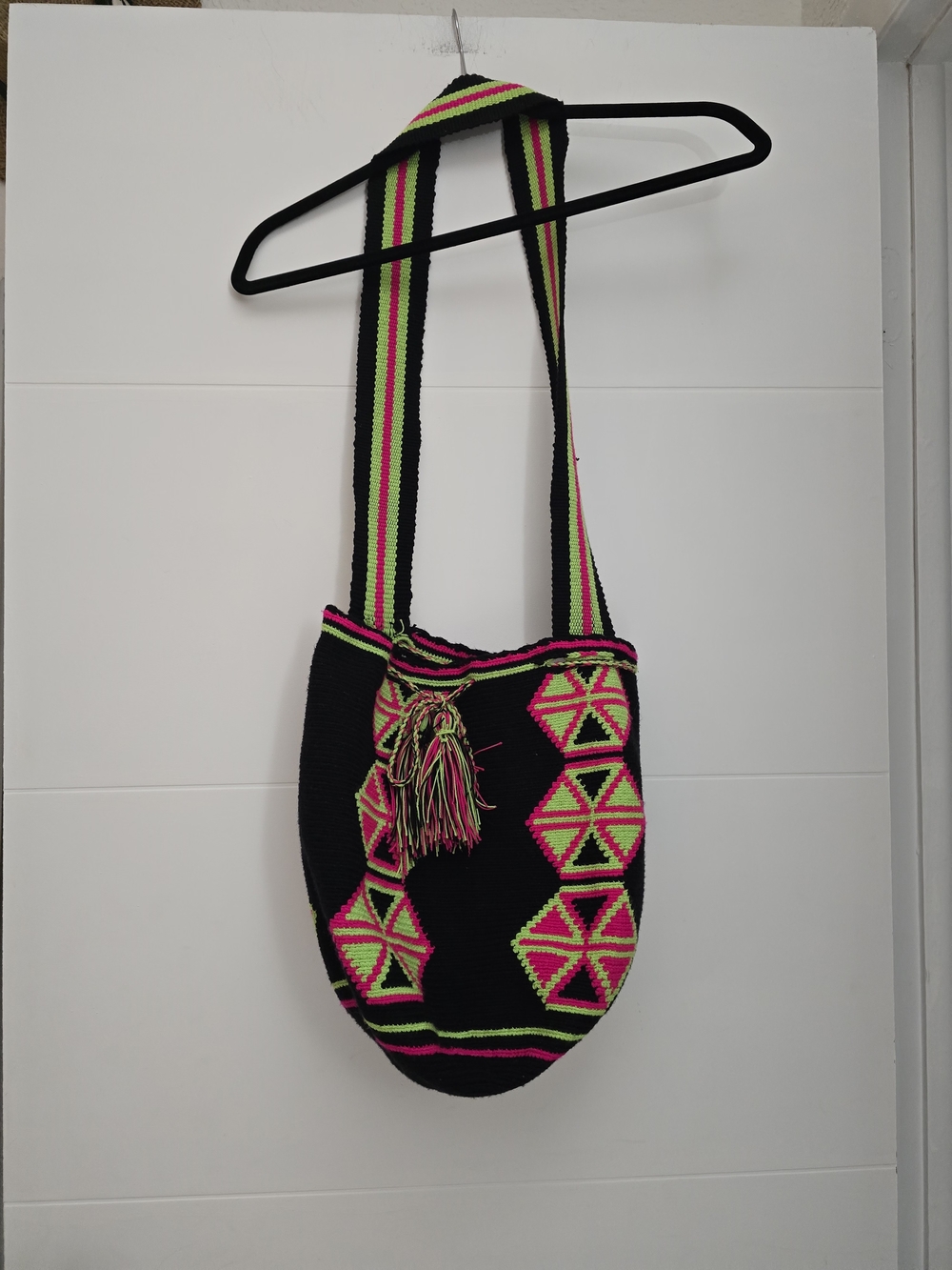 Handwoven Wayuu Mochila Neon Geometric Crossbody Bag Black Pink Green